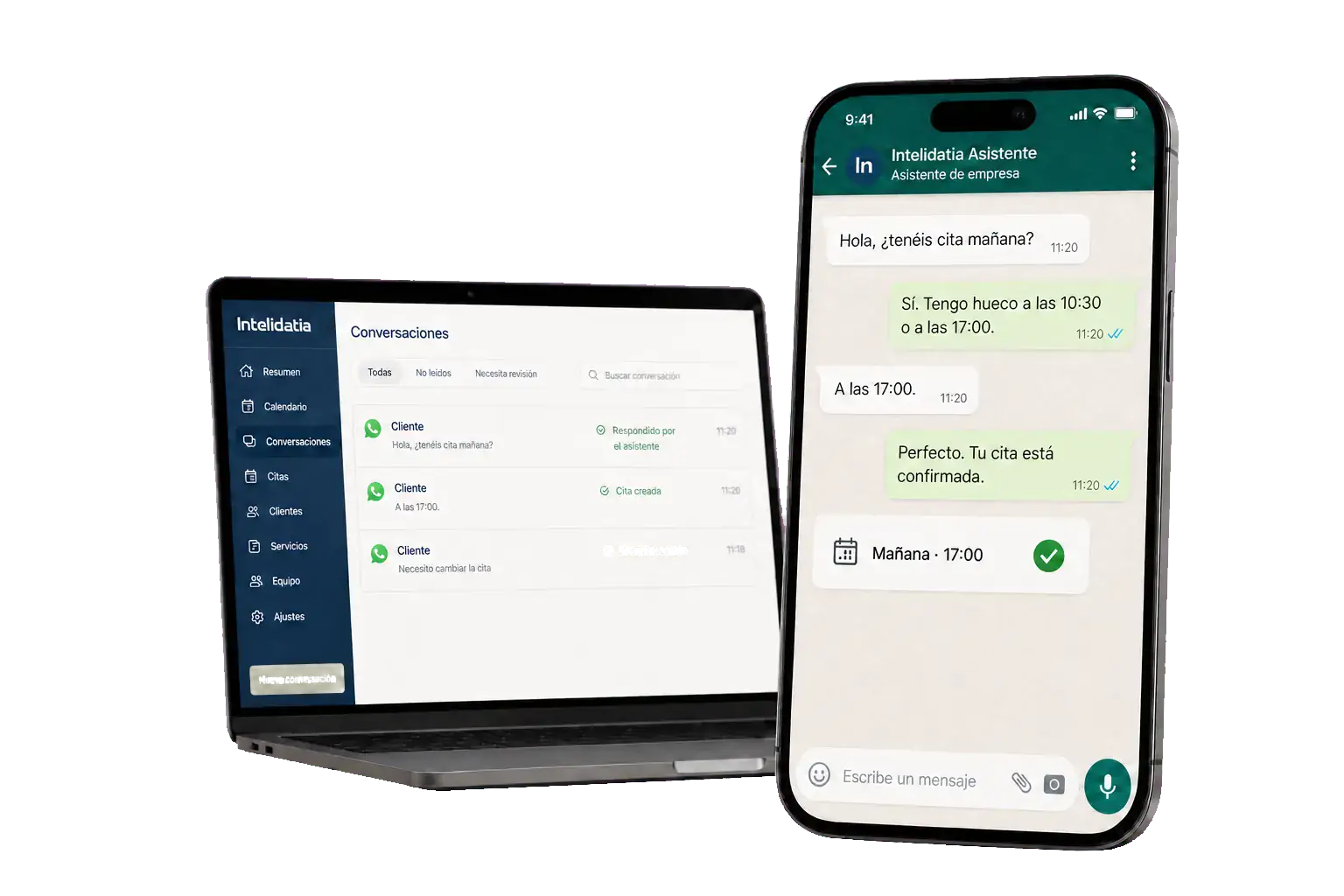 Portátil y móvil con el asistente de WhatsApp y el panel de conversaciones de Intelidatia