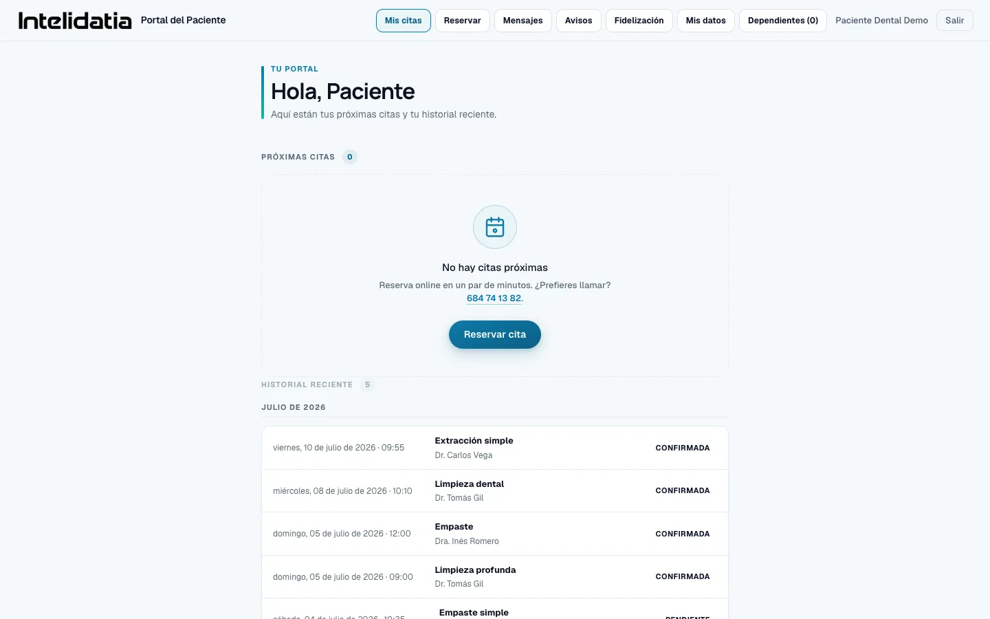 Intelidatia Client Portal: Home with upcoming appointments, history and full menu