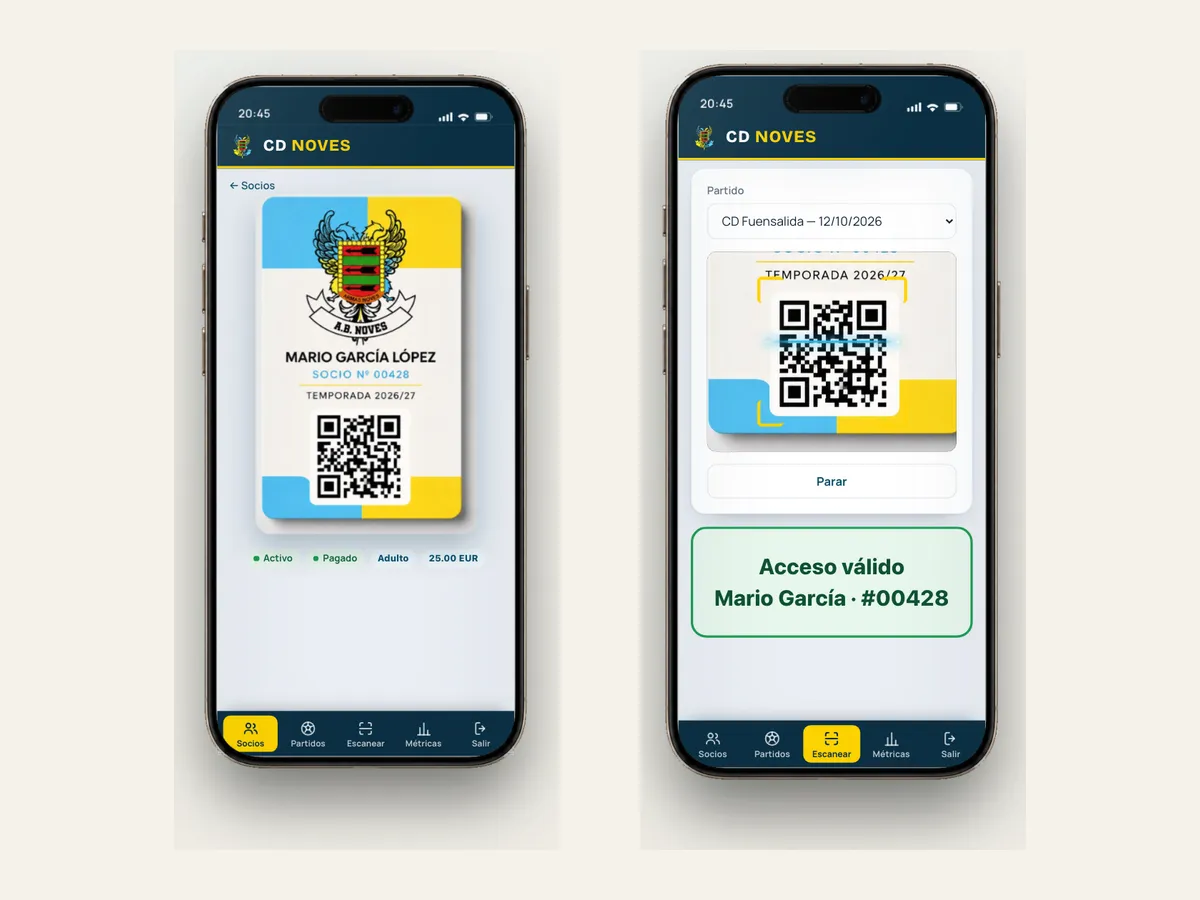 Carnet de peñista con QR en el móvil y validación de acceso a eventos