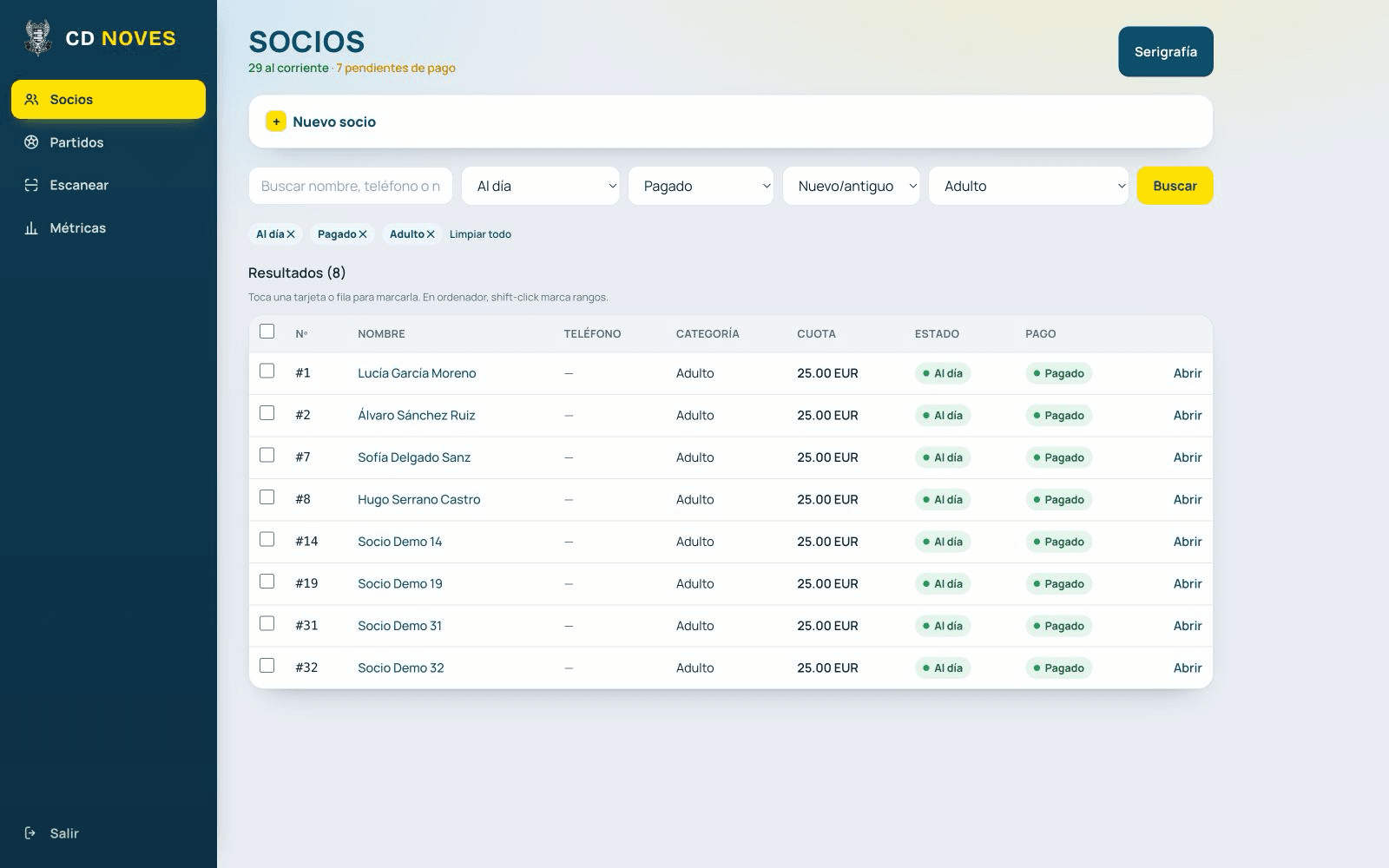 Gestión demo de socios de CD Novés