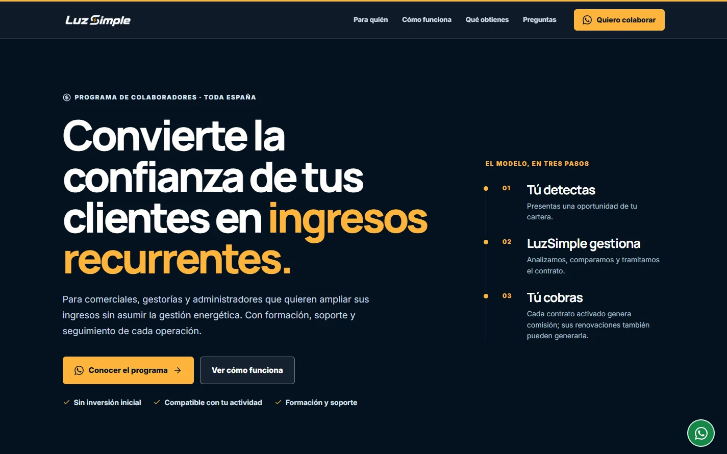 Página del programa de colaboradores de LuzSimple
