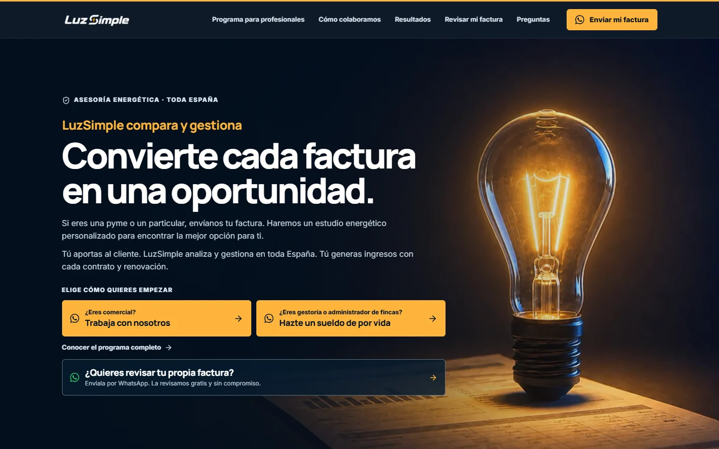 Portada de la web de LuzSimple diseñada por Intelidatia