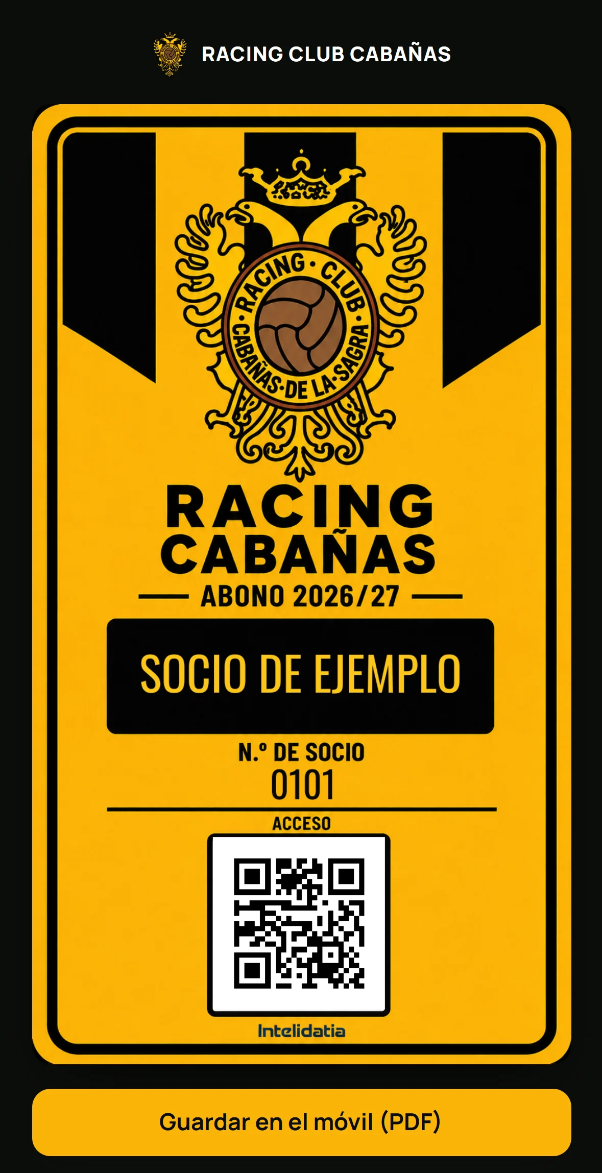 Racing Club Cabañas digital card for EXAMPLE MEMBER, number 0101; fictional invalid QR code