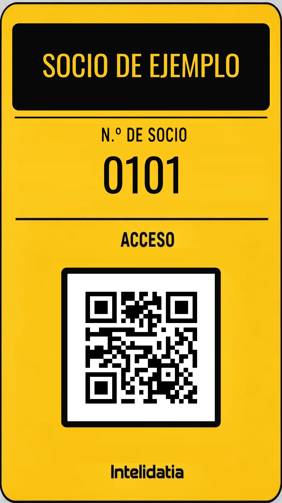 Back of the physical card: EXAMPLE MEMBER, number 0101 and a fictional invalid QR code