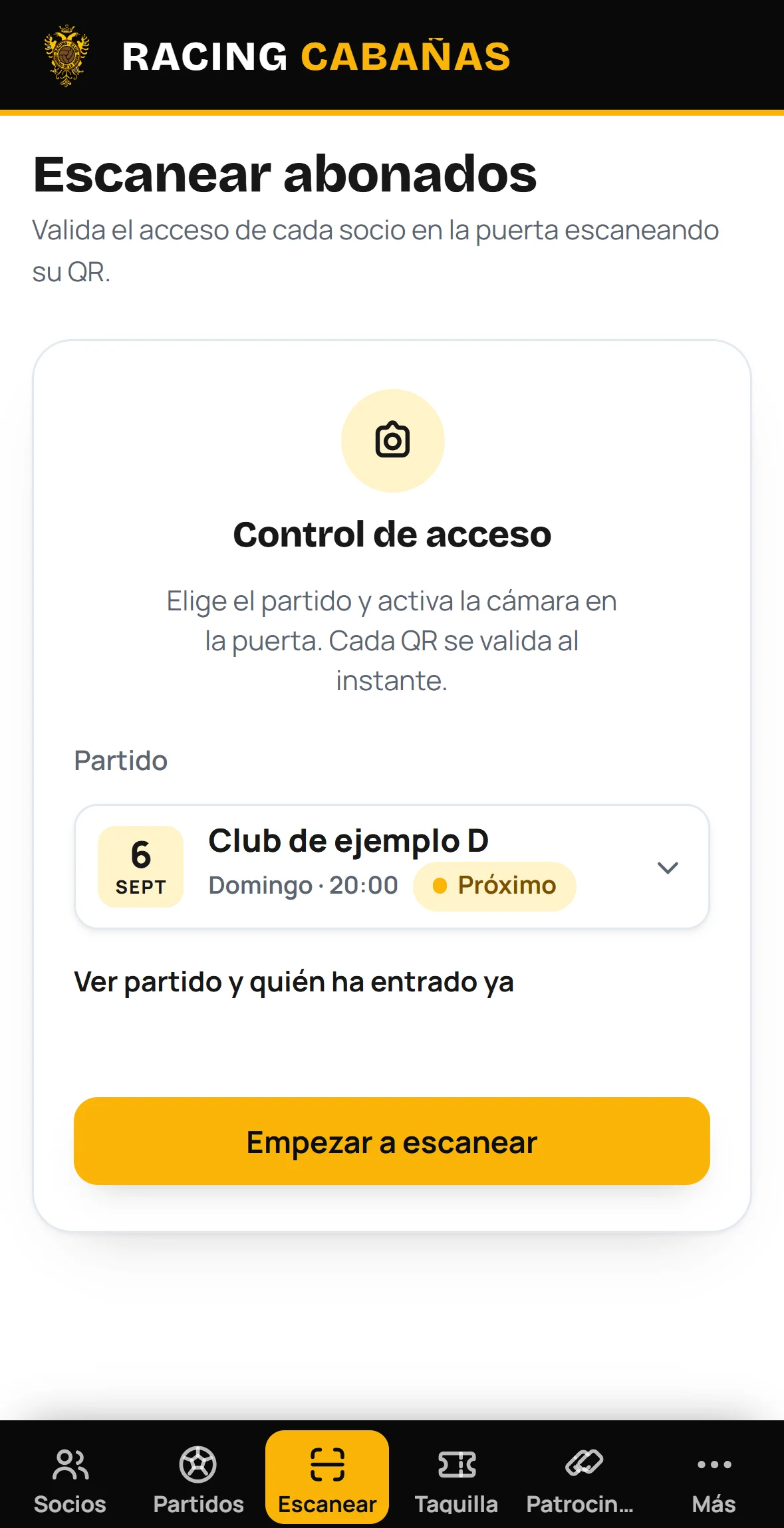 Racing Club Cabañas access control with a fictional match selected