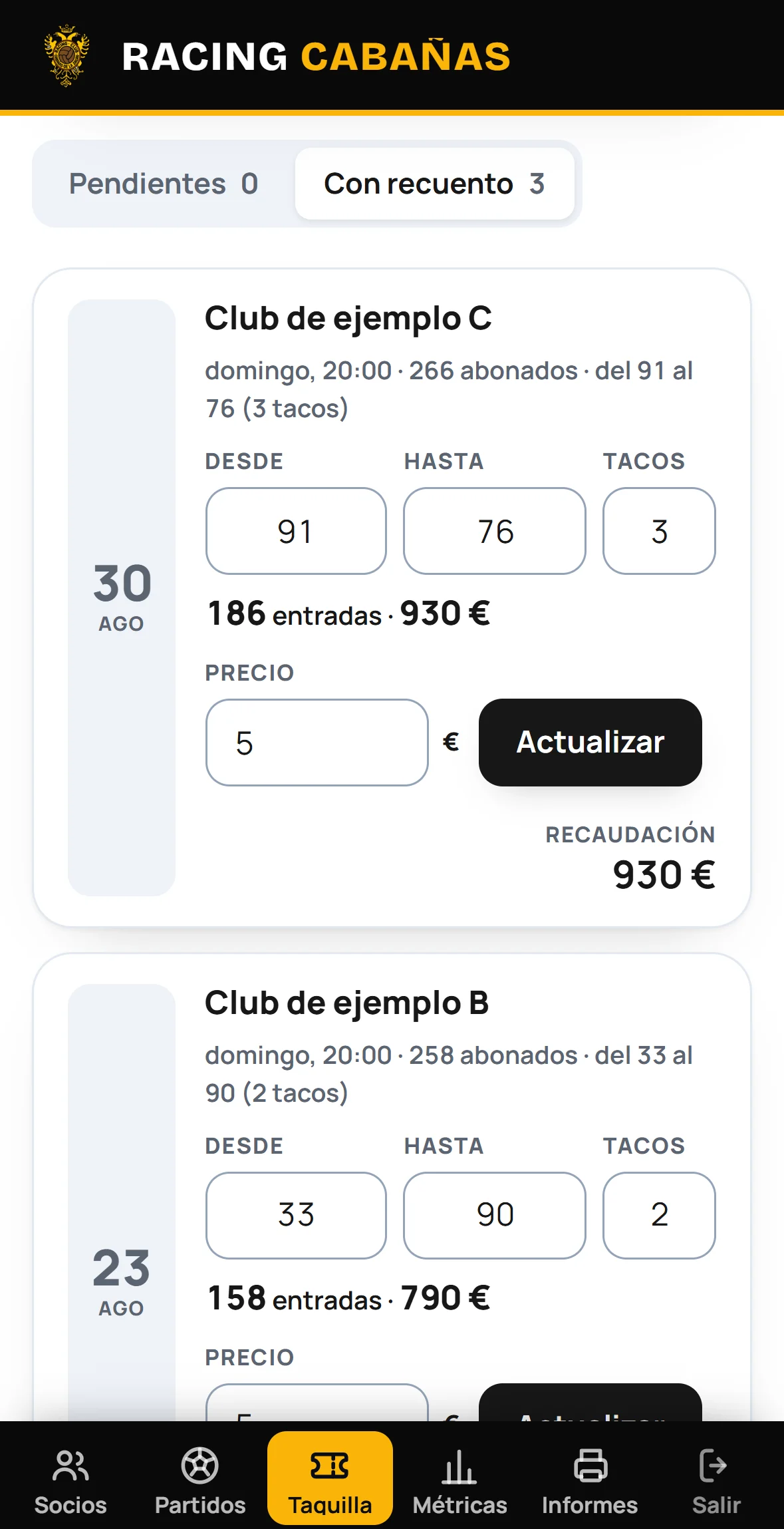 Racing Club Cabañas ticket sales with entirely fictional tickets and amounts